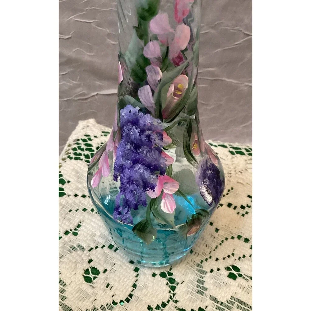 Blue Hand Painted Bud Vase Beautiful Pink & Purple Flowers Mother's Day Gift